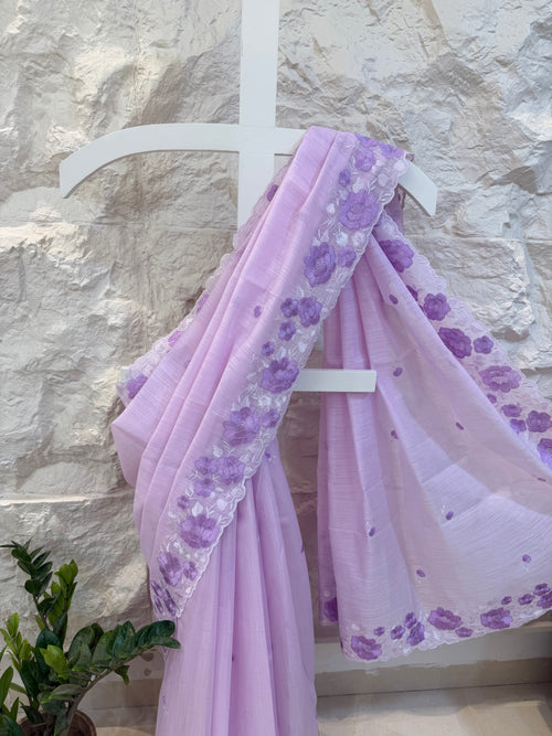 Lavender Embroidered Linen  Saree