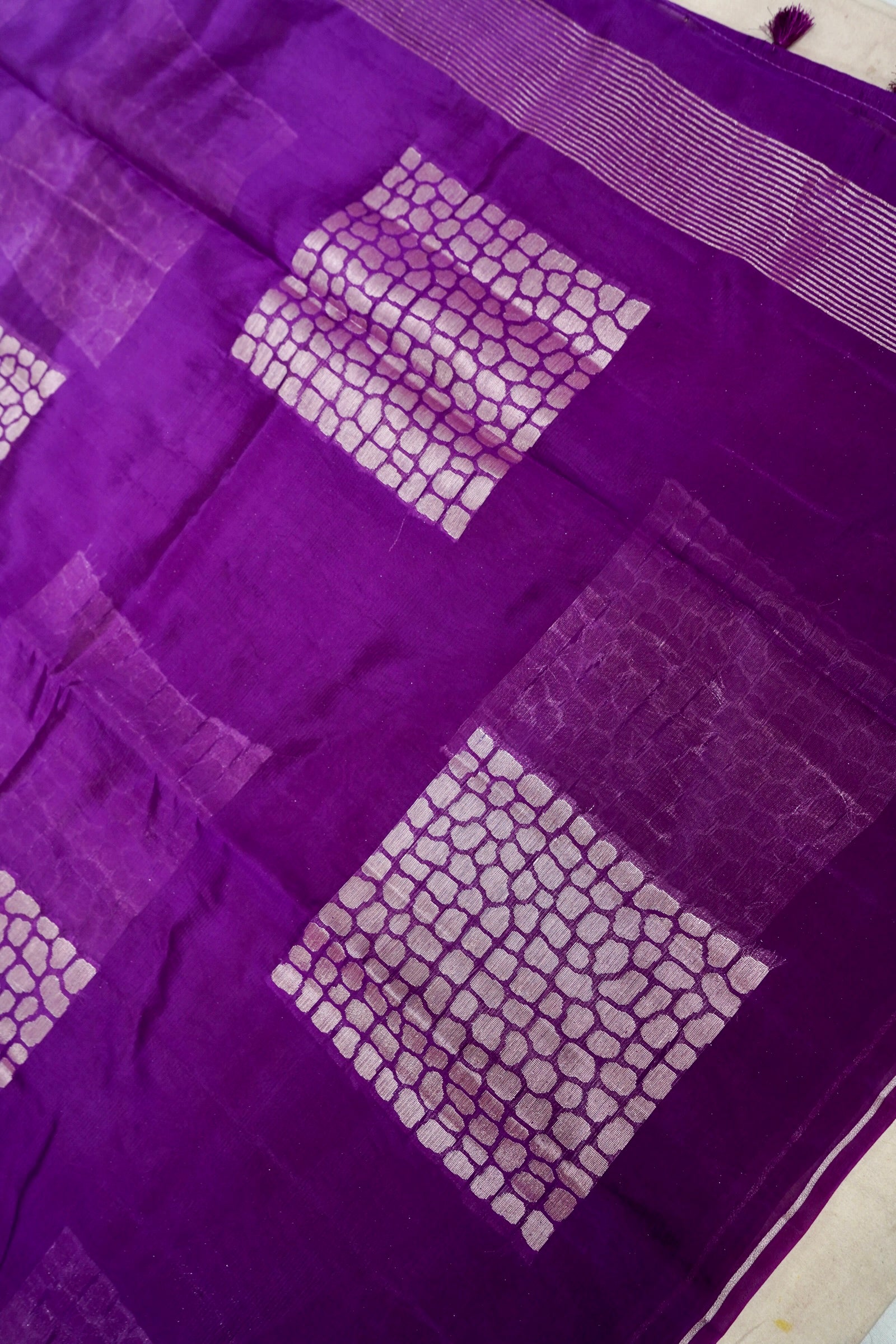 Ombré Paper Silk Saree with Geometric Square Motifs – Purple