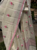 Linen Tissue Saree with Rose Embroidery- Pink