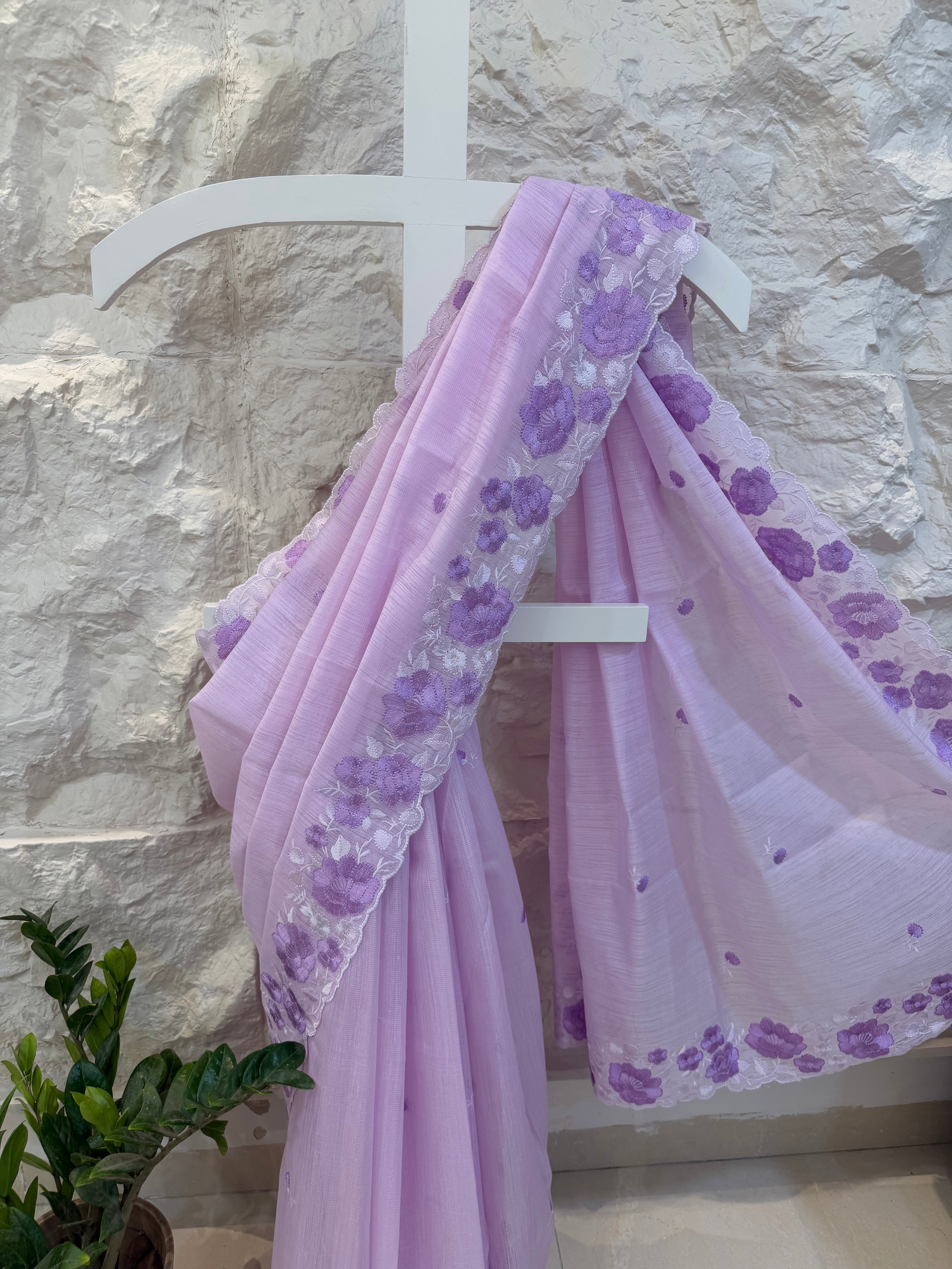 Lavender Embroidered Linen  Saree