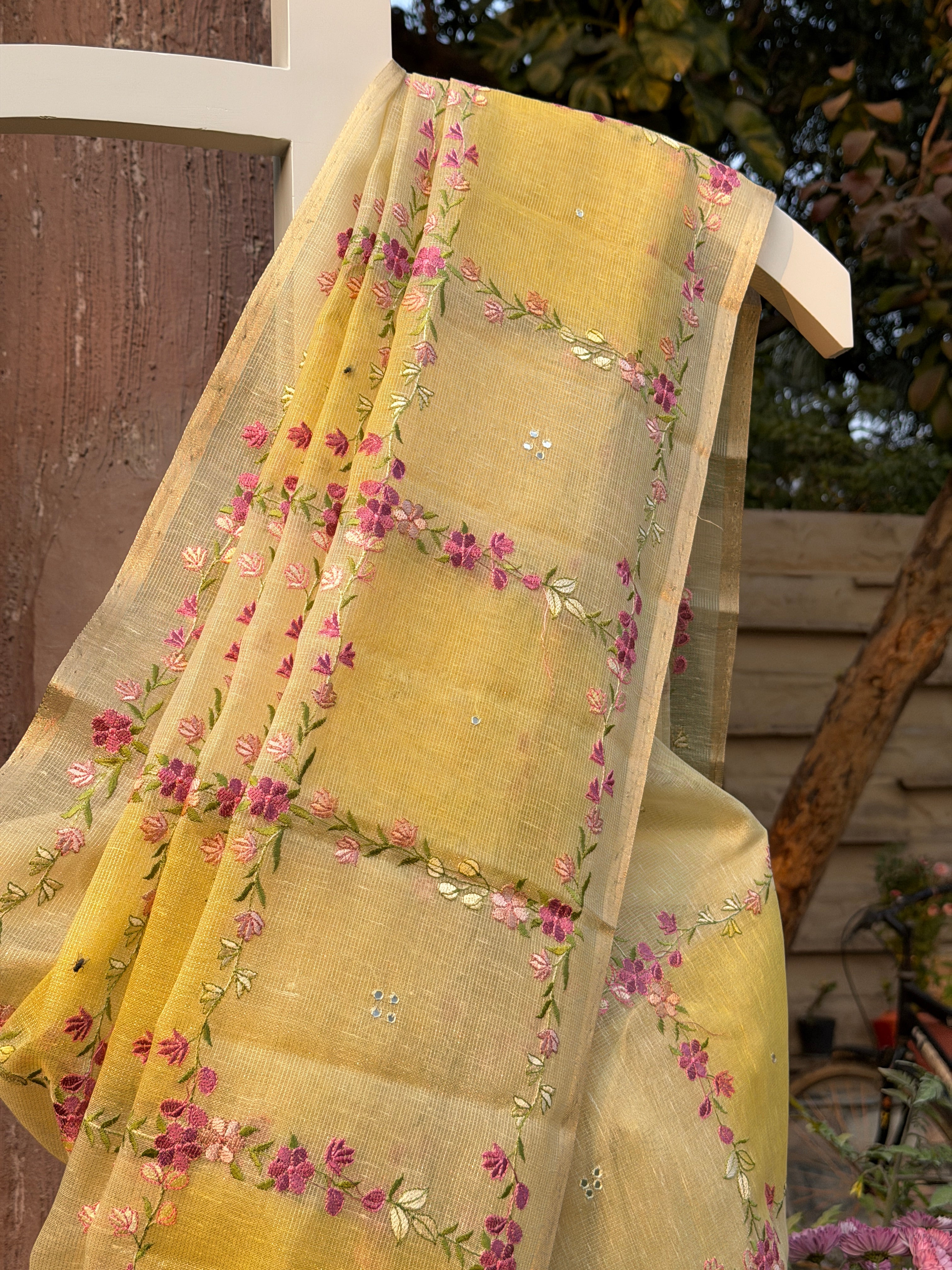 Rangkaat Linen Tissue with Flower Embroidery - Yellow