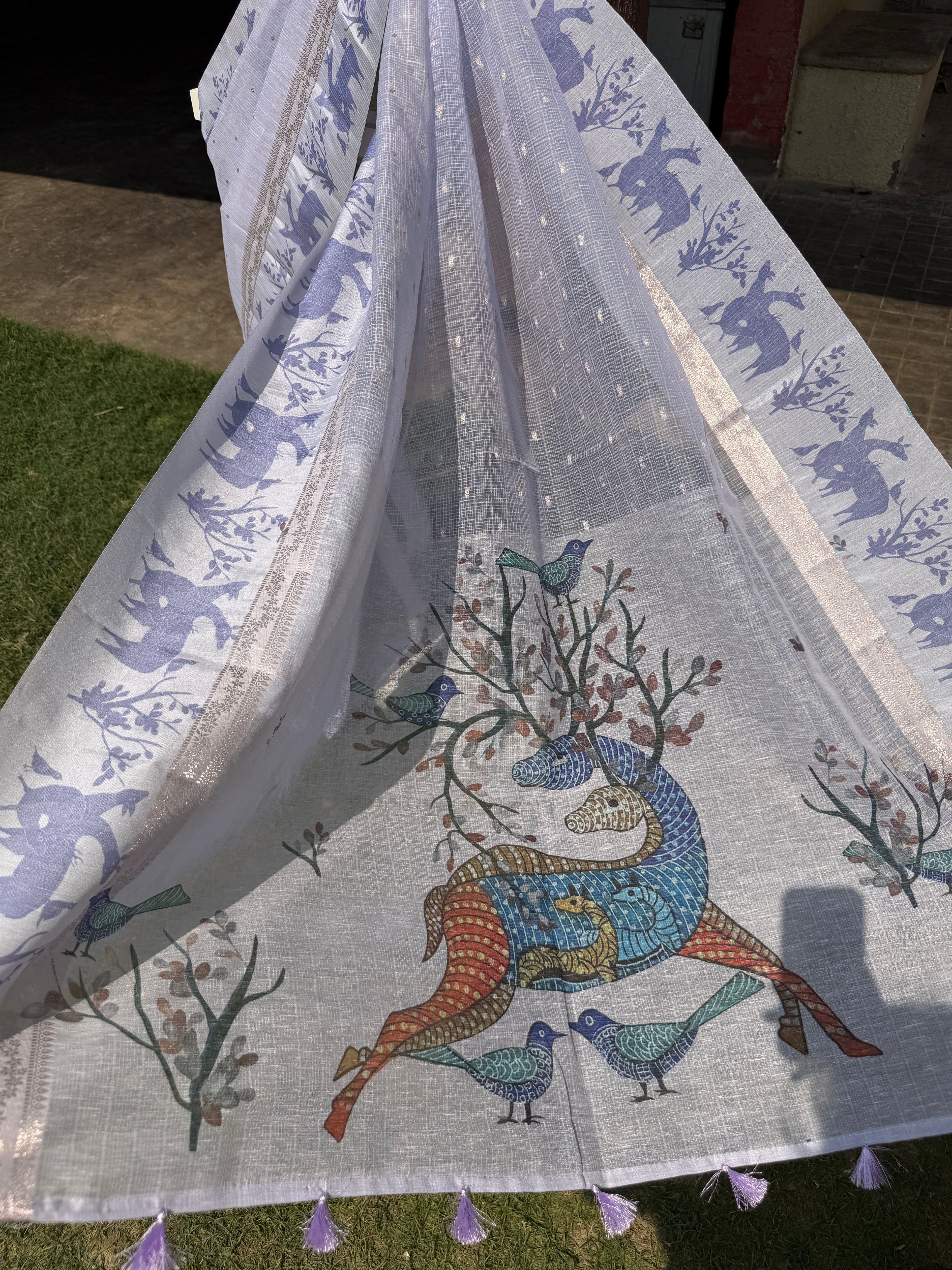 Linen Saree with Shadow Animal Print – Lavender