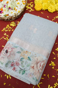 Linen Saree with Digital Floral Print – Powder Blue