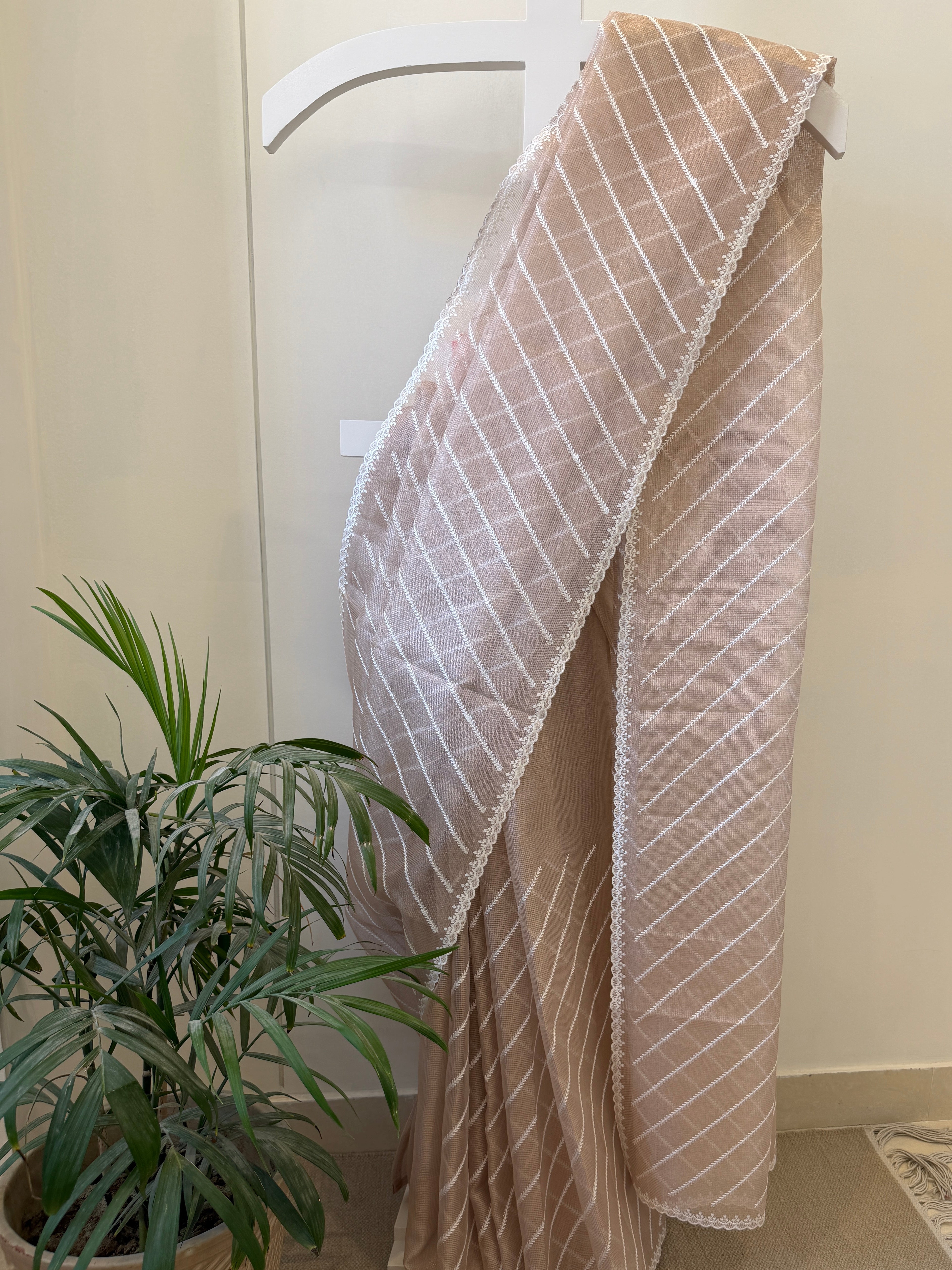 Tissue Saree with Diagonal Thread Embroidery- Rose Gold