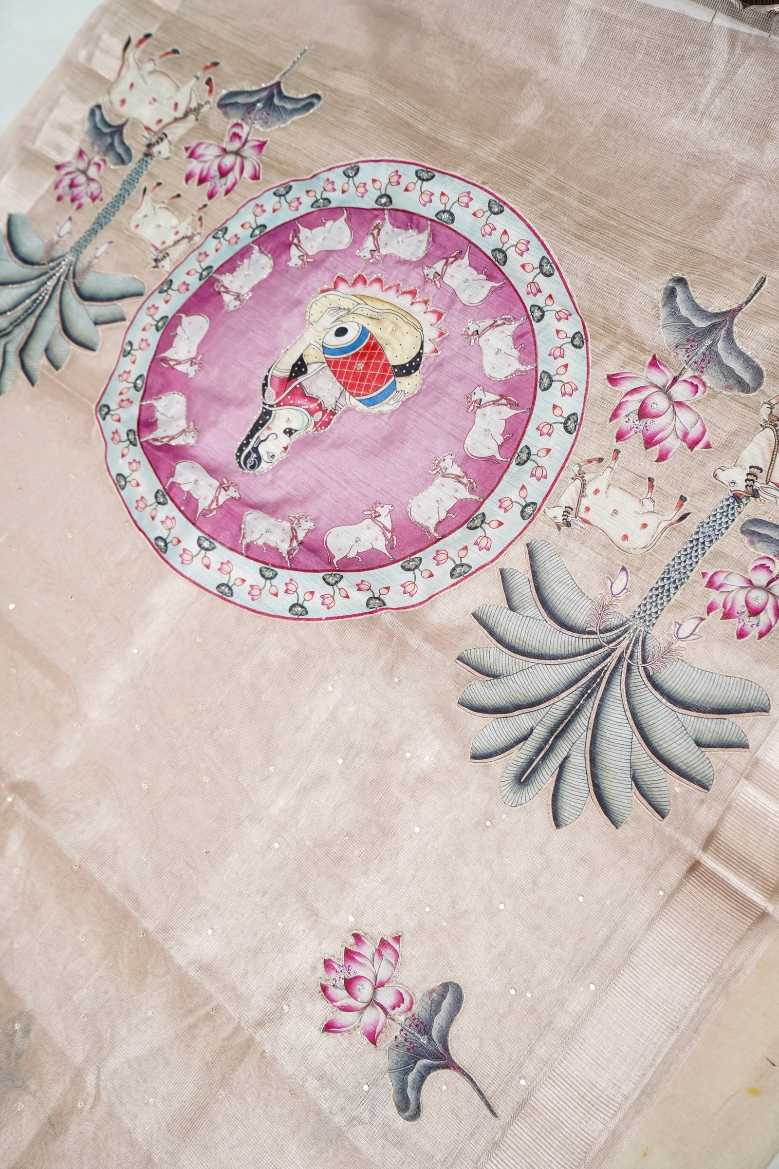 Kota Tissue Saree with Appliqué & Cutdana Work – Rose Gold