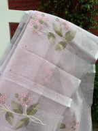 Linen Saree Floral Embroidery with Mirror Work – Blush Pink