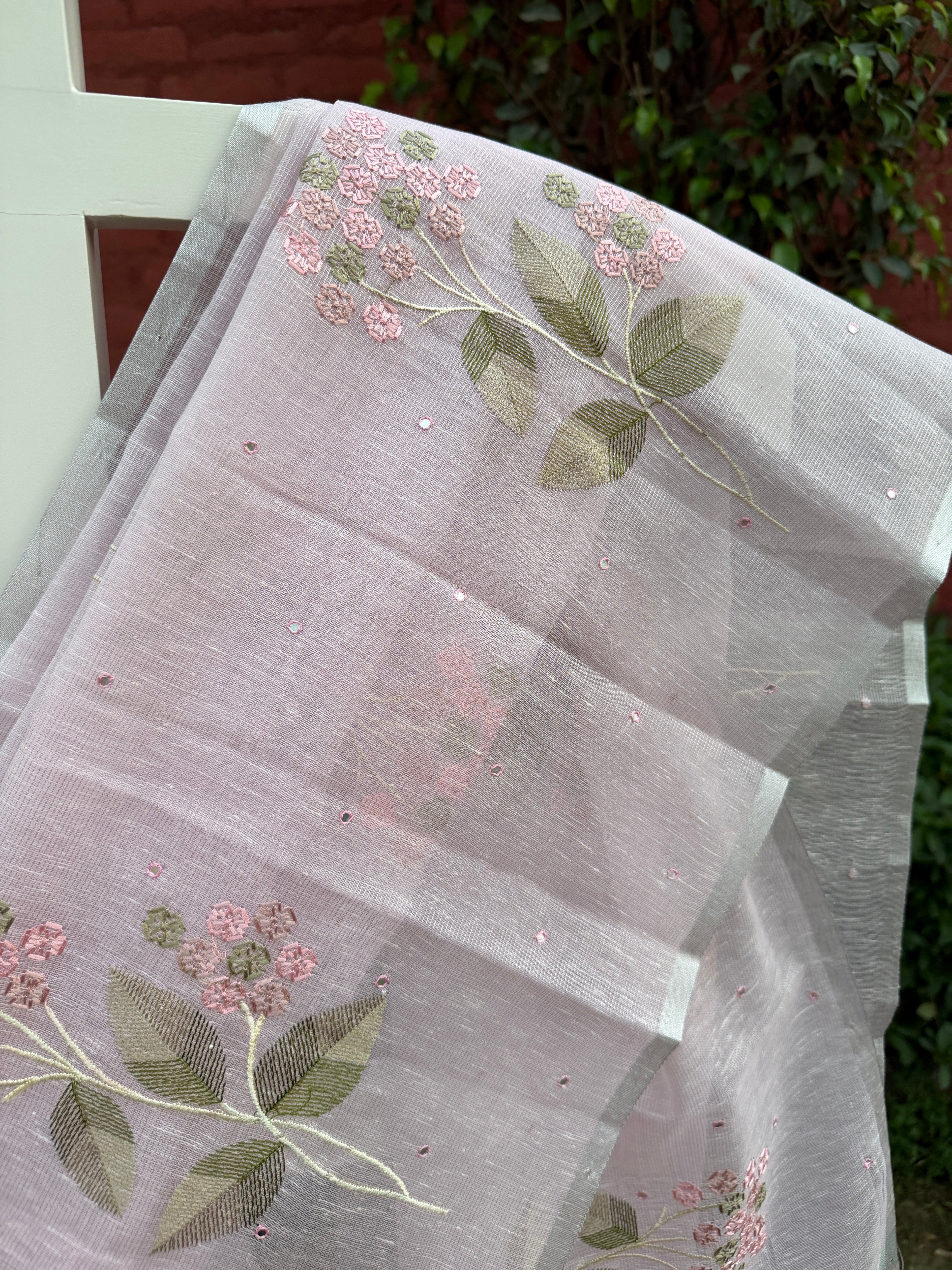 Linen Saree Floral Embroidery with Mirror Work – Blush Pink