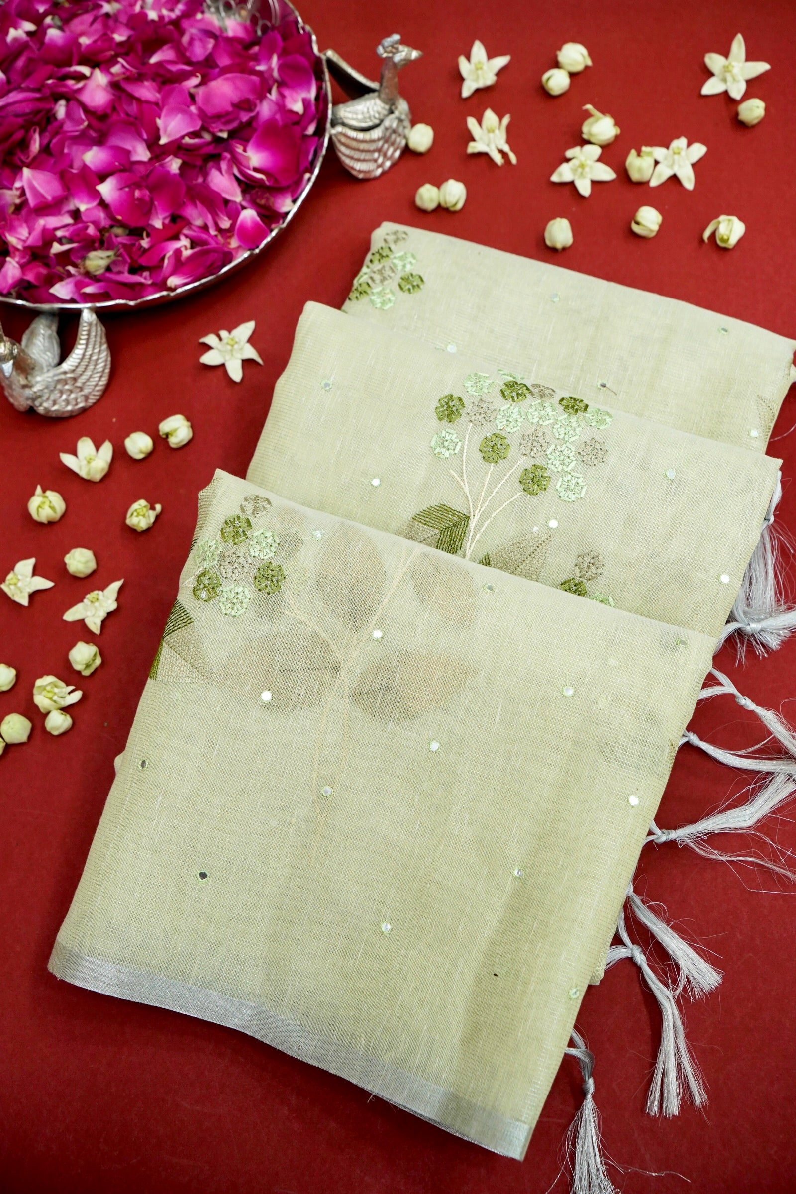 Linen Saree Floral Embroidery with Mirror Work – Mint Green