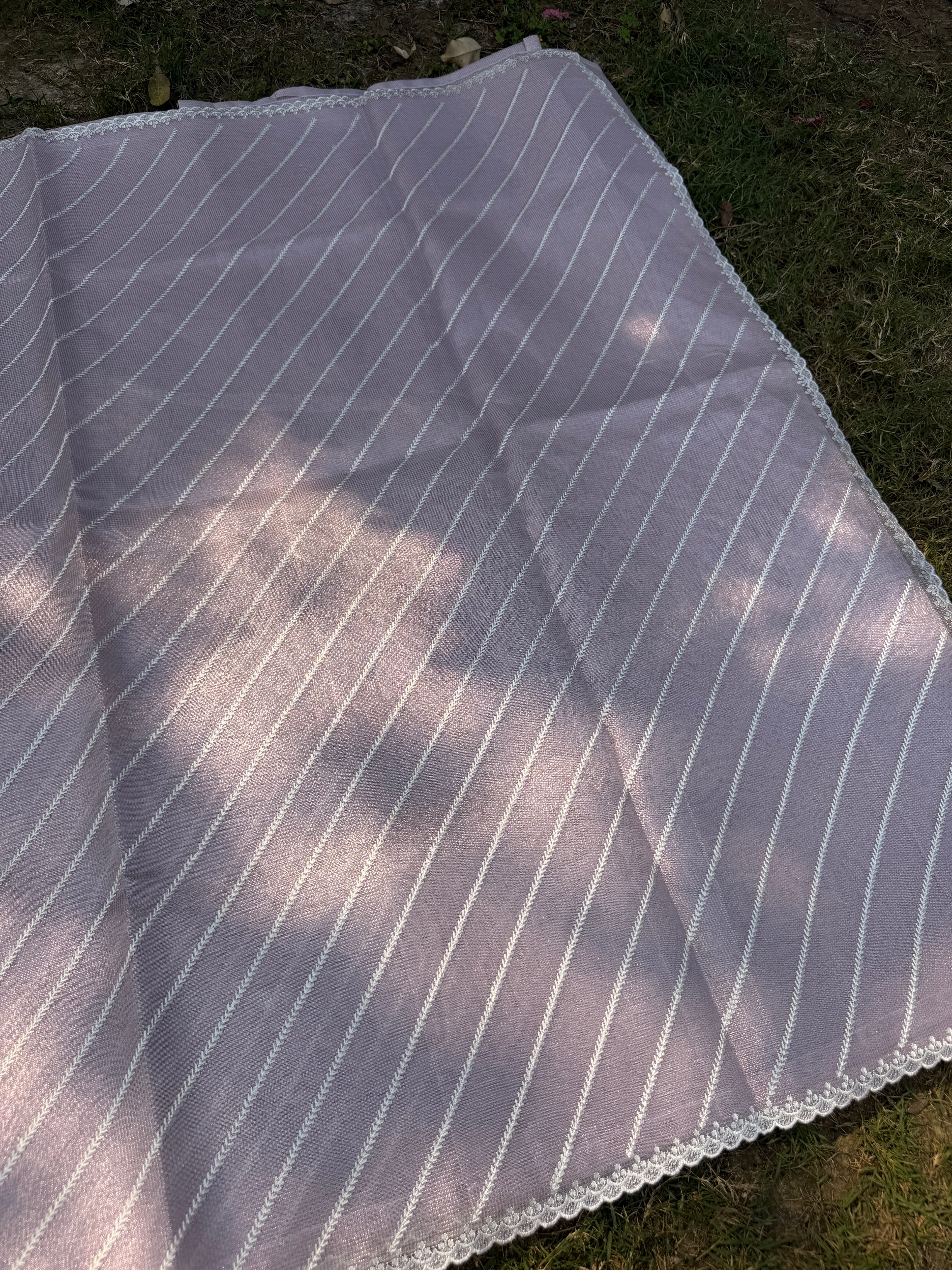 Tissue Saree with Diagonal Thread Embroidery- Lilac