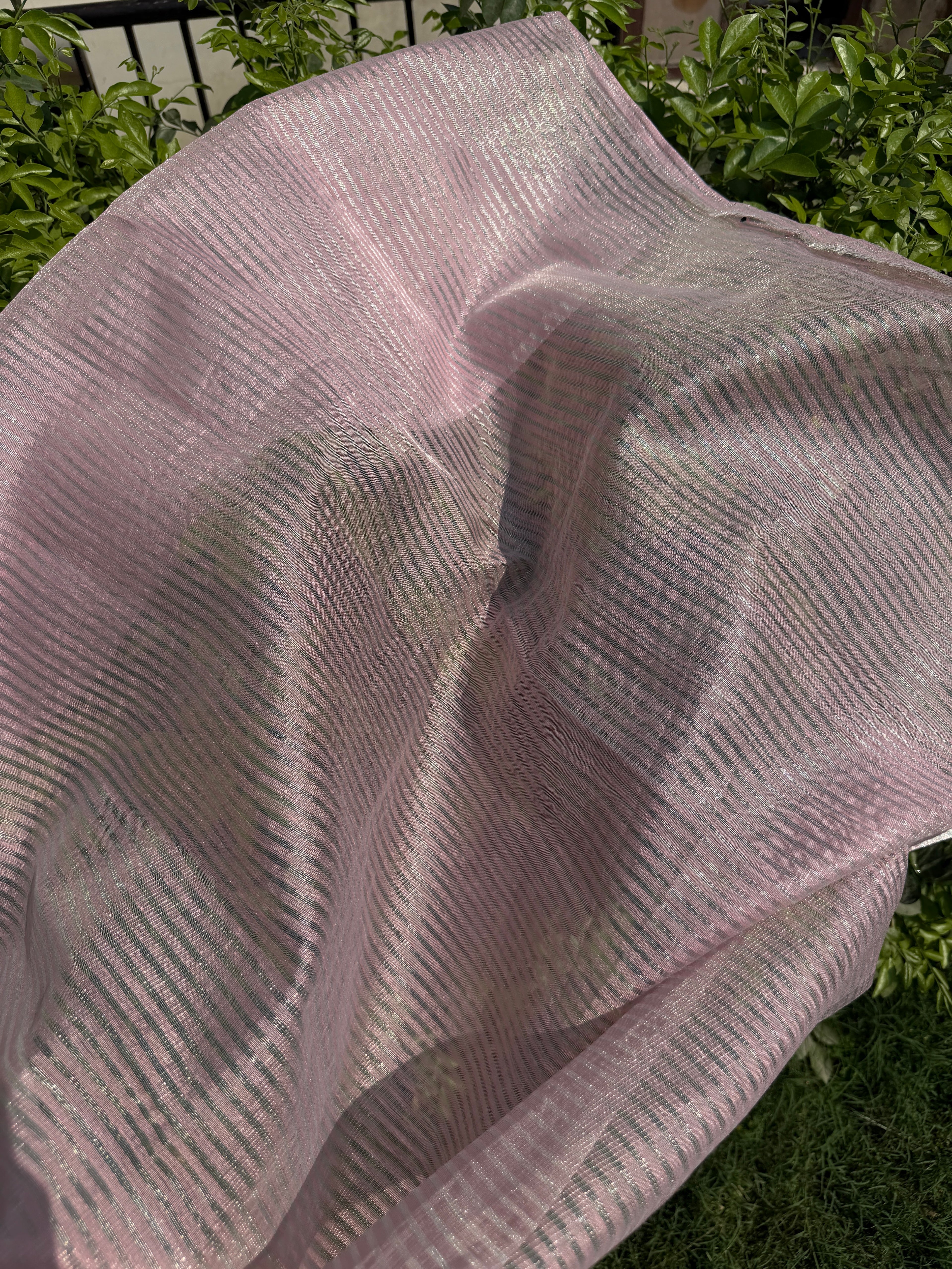 Linen Tissue Saree with Rose Embroidery- Pink