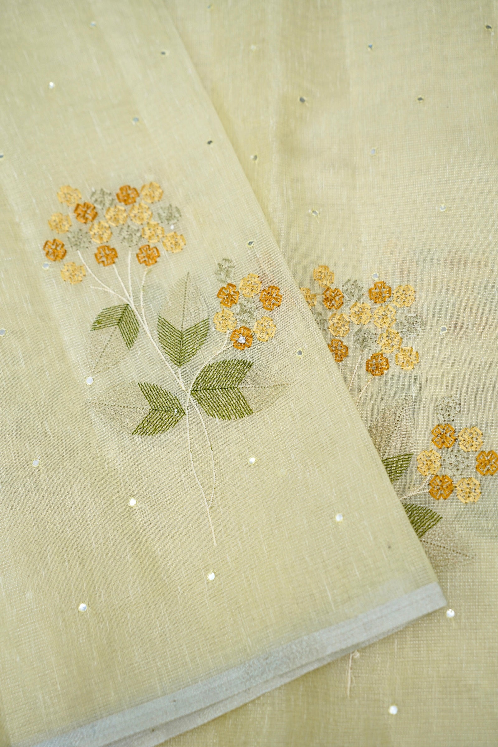 Linen Saree Floral Embroidery with Mirror Work – Lemon Yellow