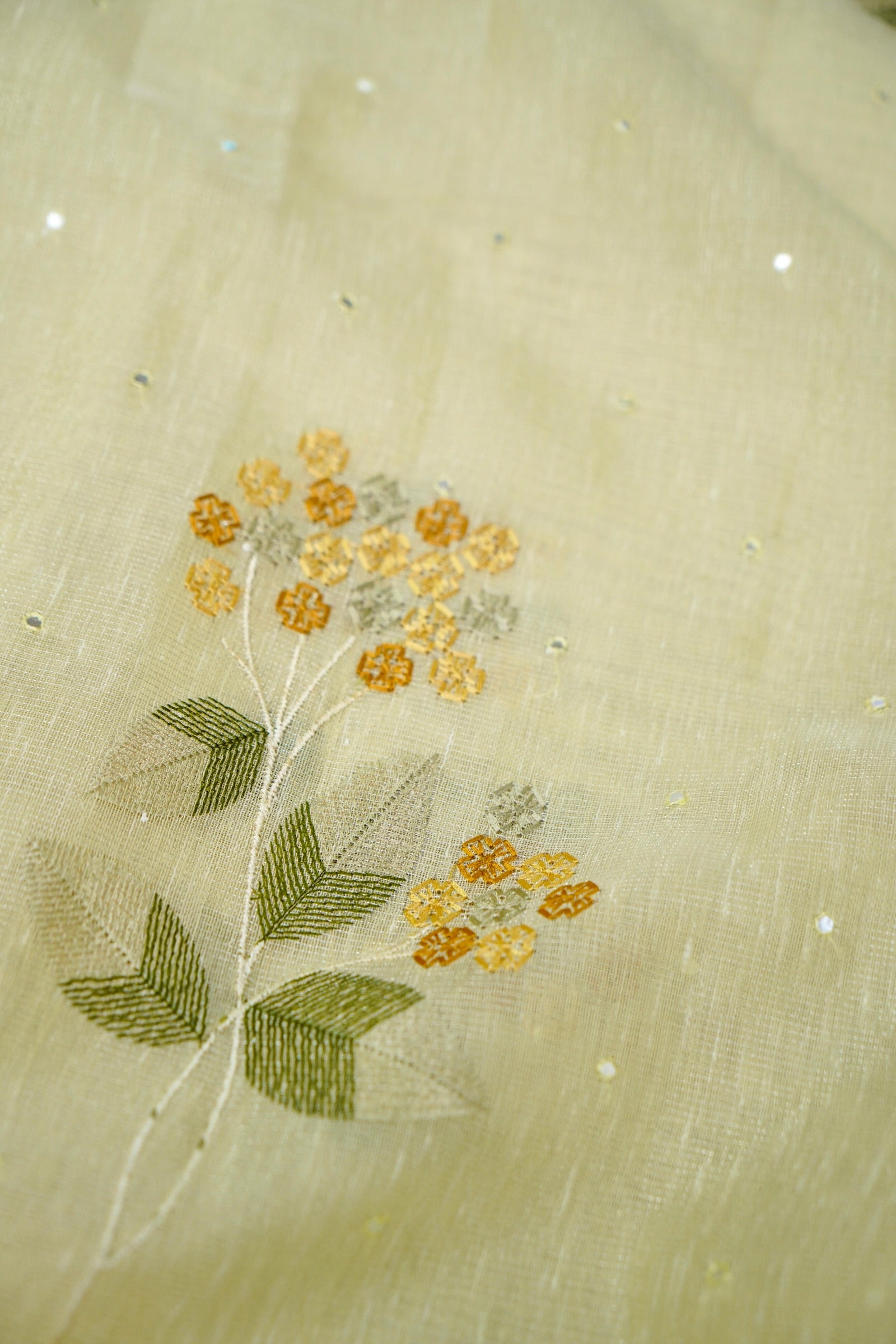 Linen Saree Floral Embroidery with Mirror Work – Lemon Yellow