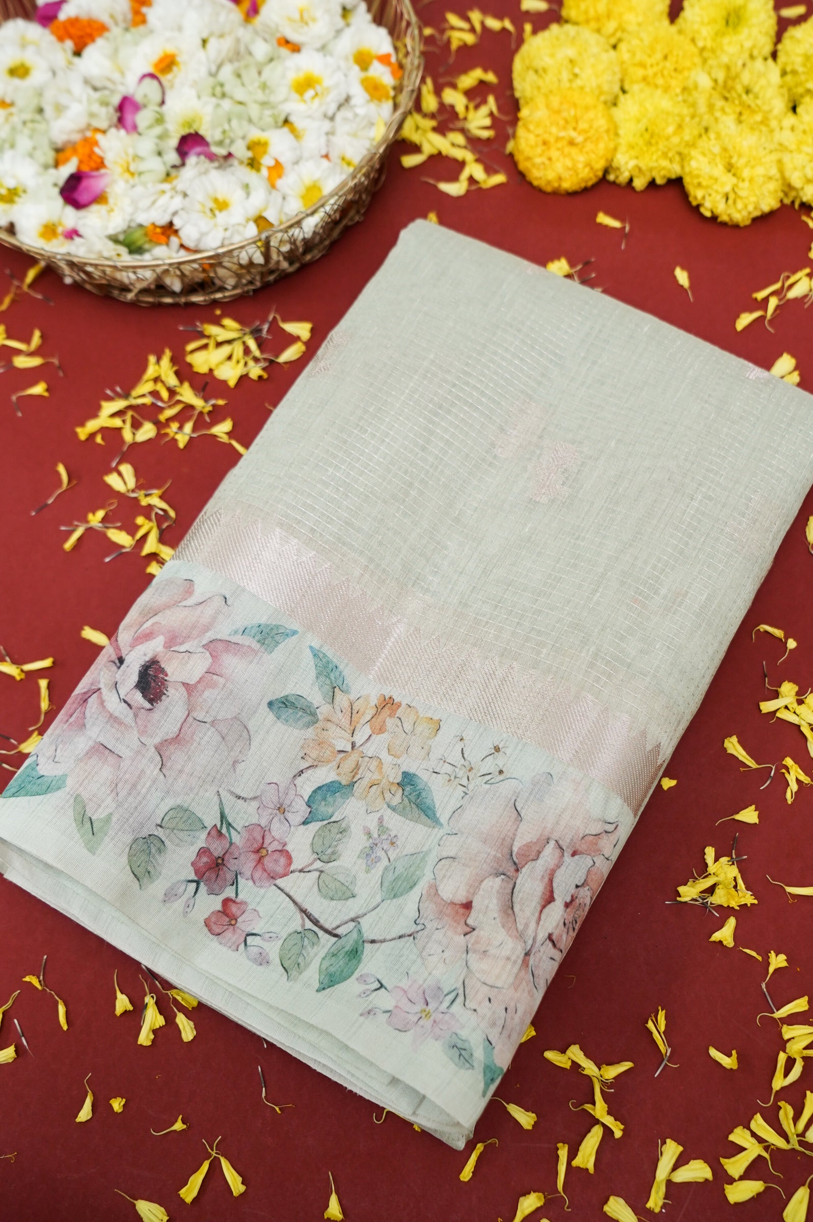 Linen Saree with Digital Floral Print – Pastel Mint