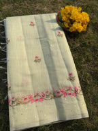 Linen Saree with Floral Embroidery – Mint Green