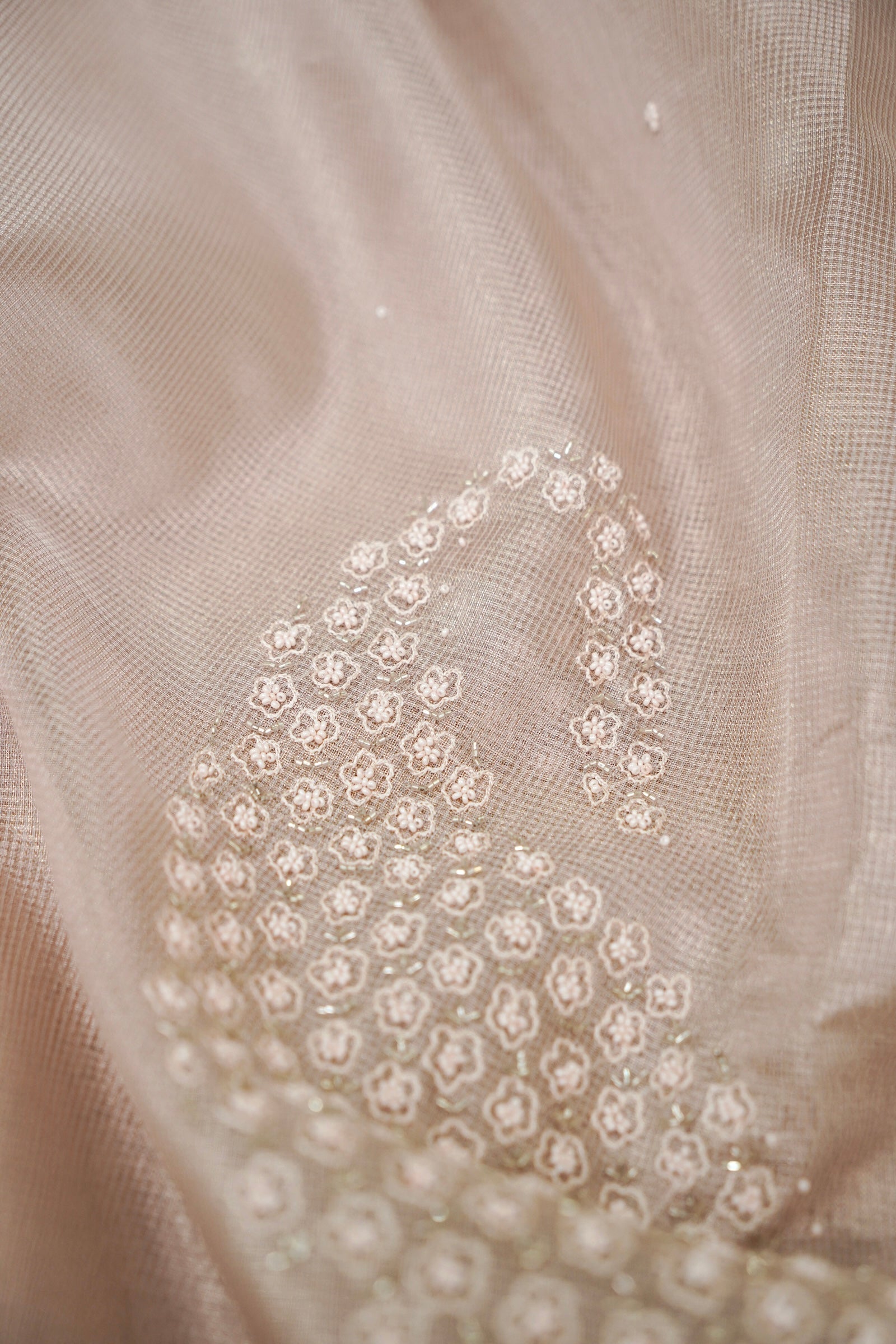 Kota Tissue Saree with Paisley Hand Moti Work – Rose Gold