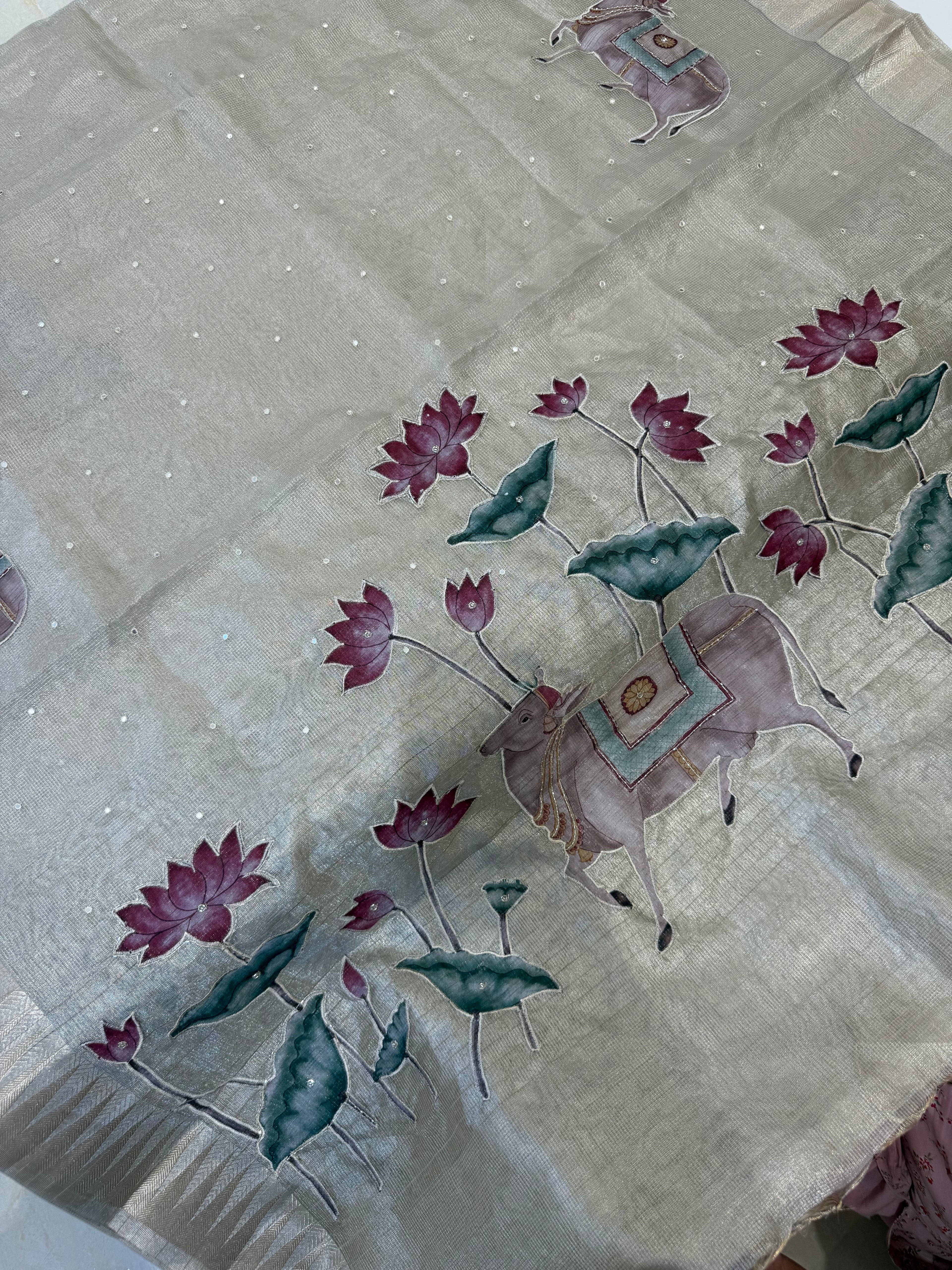 Rose gold Kota Tissue Pichwai Appliqué Saree