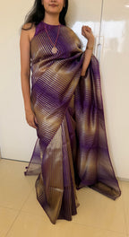Deep Purple Metallic Gold Stripe Tissue Saree