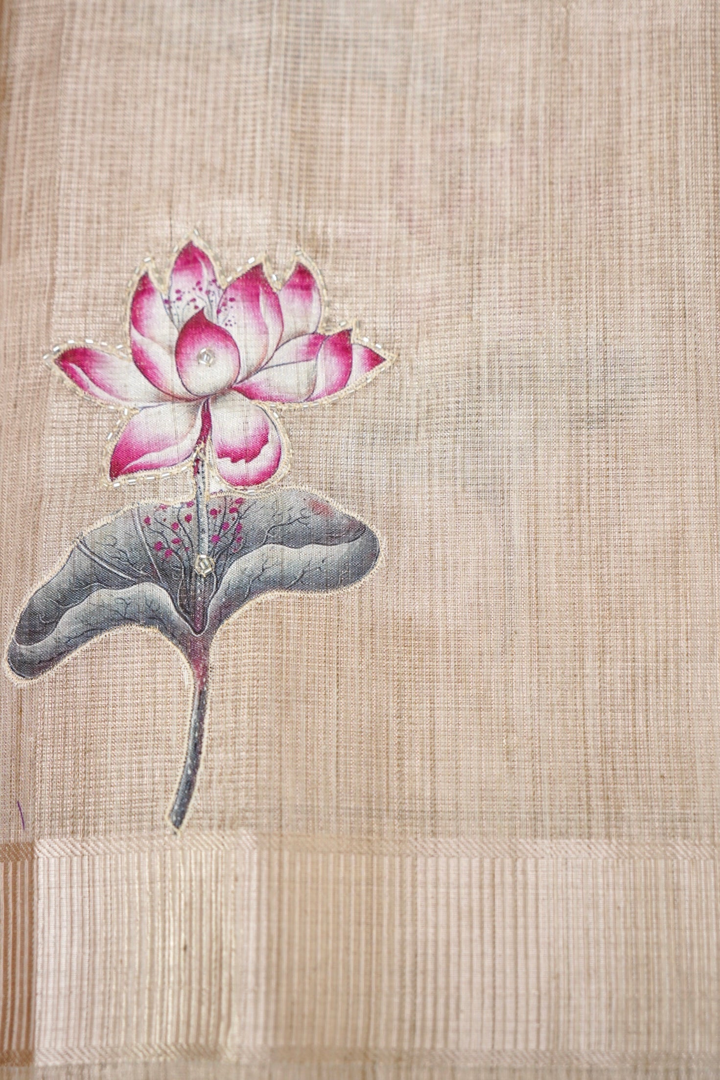 Kota Tissue Saree with Appliqué & Cutdana Work – Rose Gold