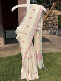 Linen Tissue Saree with Rose Embroidery- Pink