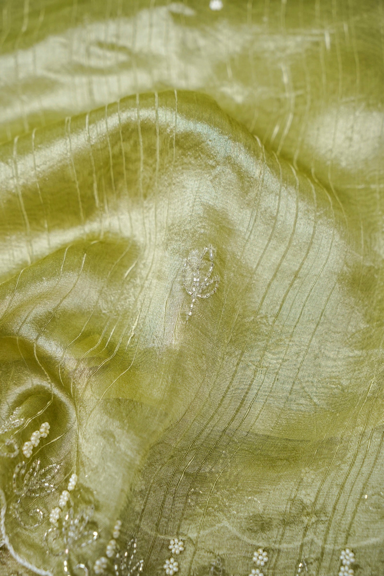 Raw Silk Saree with Handcrafted Zardozi Embroidered Border & Buti Detailing – Pista Green