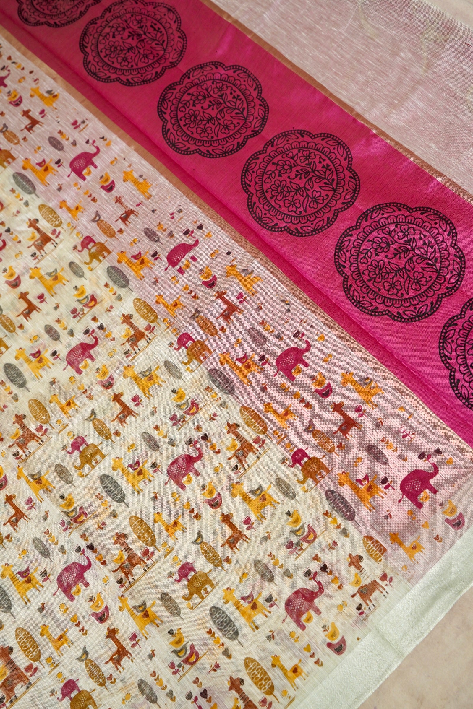 Cotton Linen Printed Saree -Pink