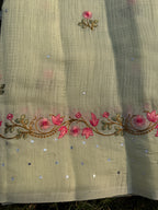 Linen Saree with Floral Embroidery – Mint Green