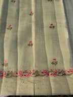 Linen Saree with Floral Embroidery – Mint Green