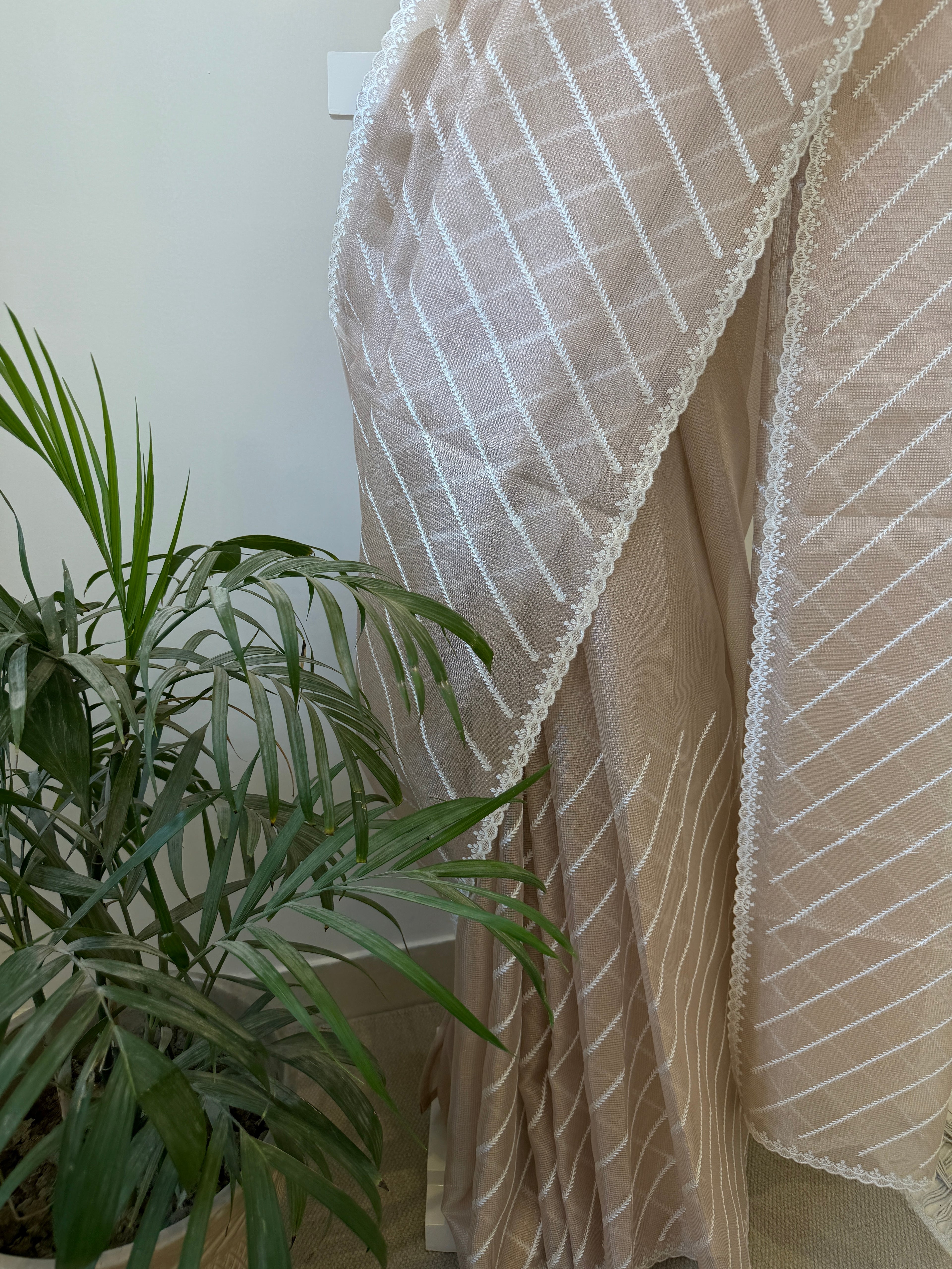 Tissue Saree with Diagonal Thread Embroidery- Rose Gold