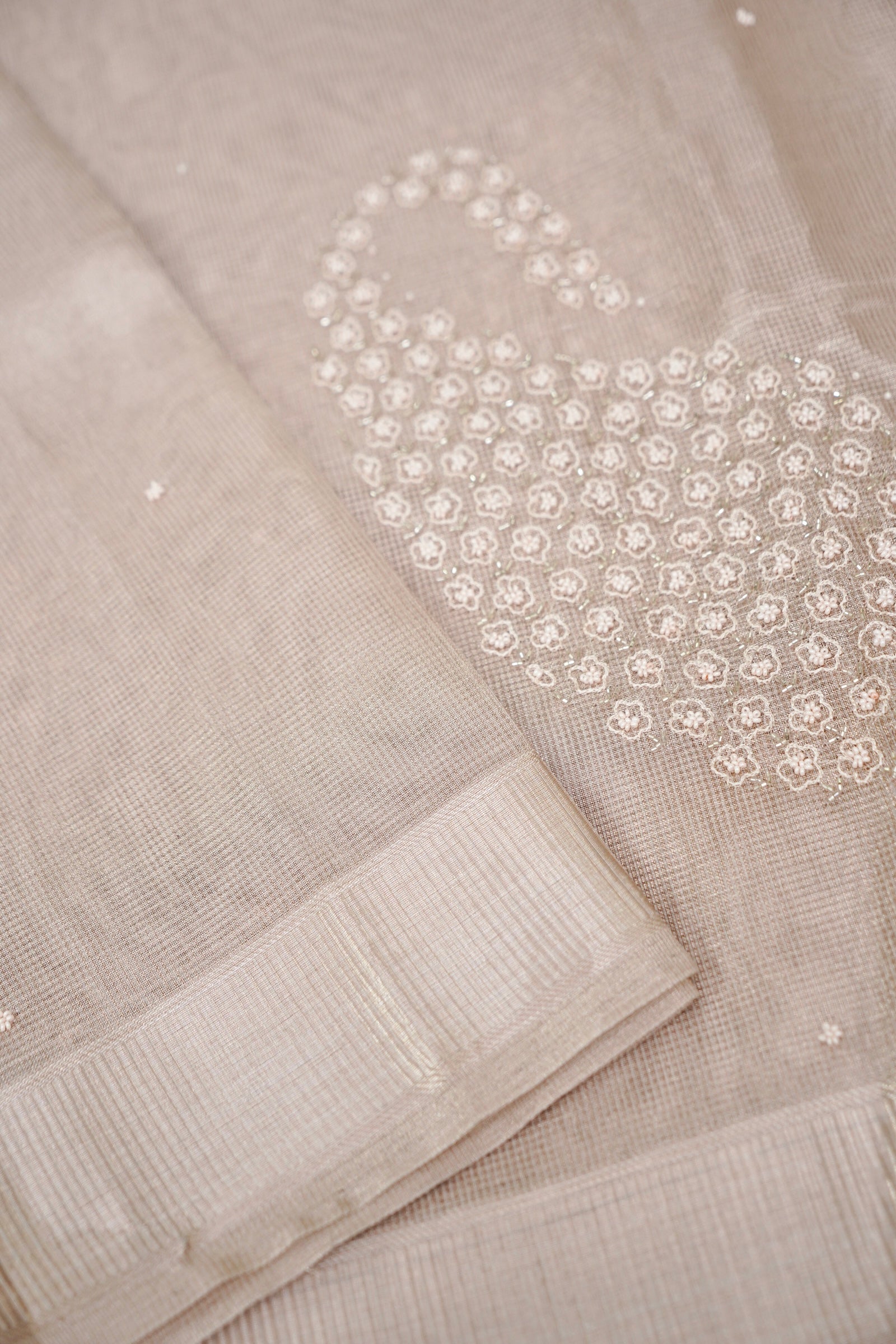 Kota Tissue Saree with Paisley Hand Moti Work – Rose Gold