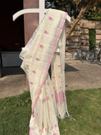 Linen Tissue Saree with Rose Embroidery- Pink