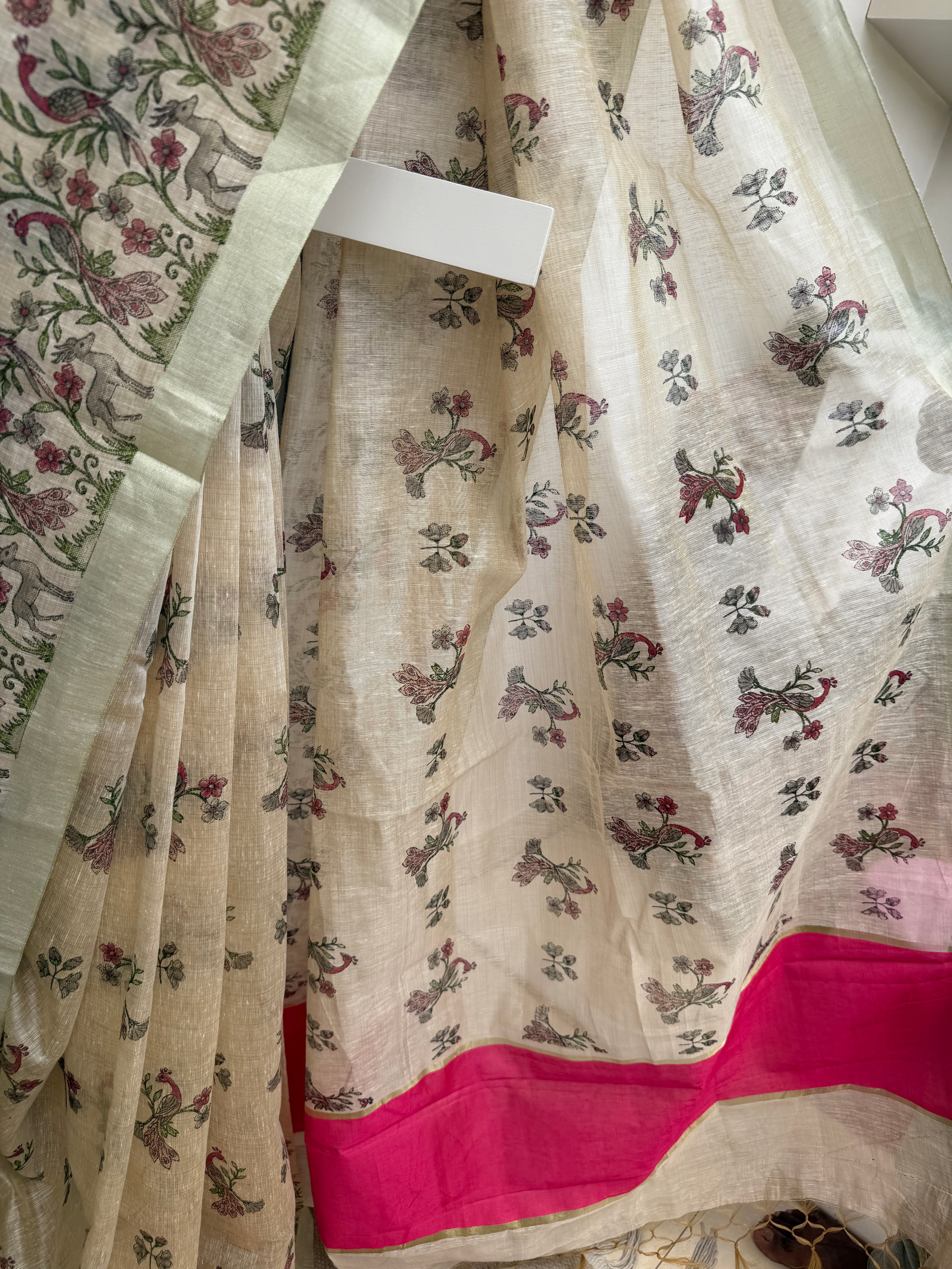 Linen Cotton Saree with Digital Floral & Bird Print – Beige & Rani Pink