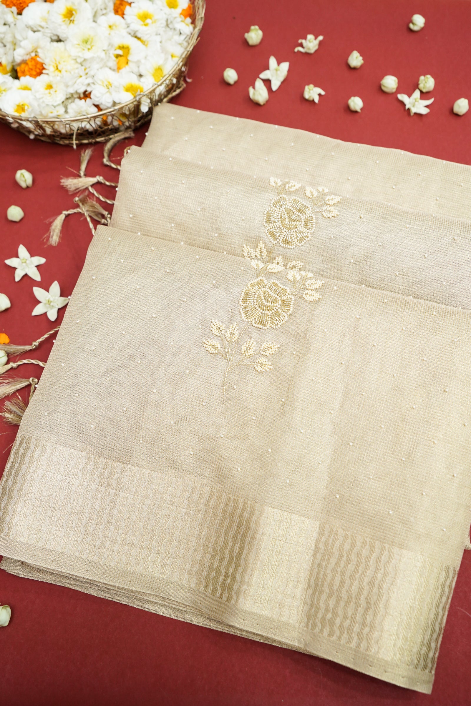 Tissue Kota Saree with All-Over Moti Handwork – Lavender