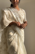 Raw Silk Saree with Applique Work & Scalloped Border -Off White