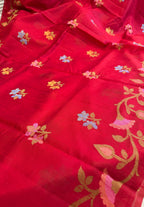 Crimson Red Raw Silk Banarasi Jamdani Saree