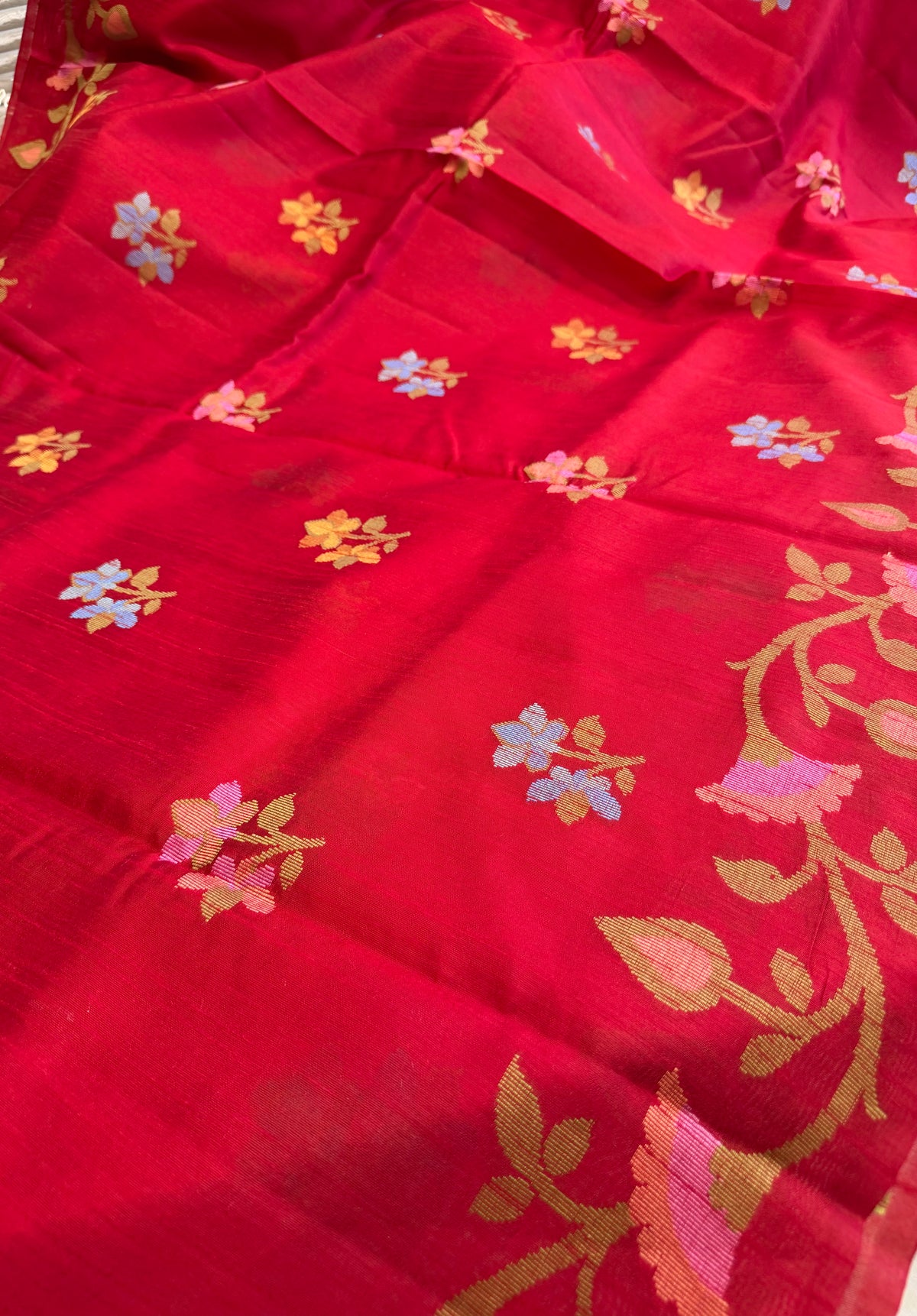 Crimson Red Raw Silk Banarasi Jamdani Saree