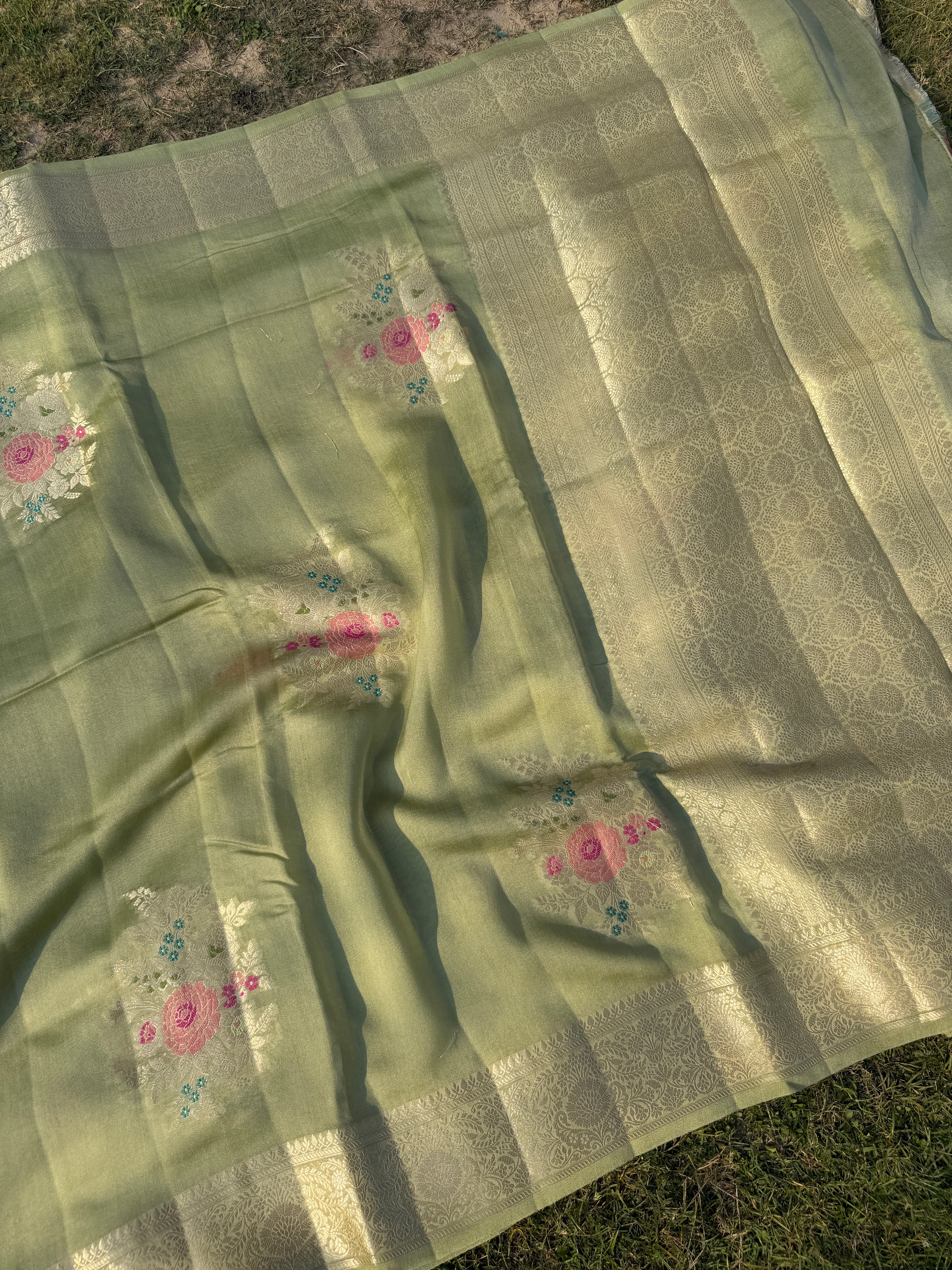 Pastel Pista Green Floral Georgette Banarasi Saree