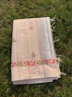 Linen Saree with Floral Embroidery – Peach
