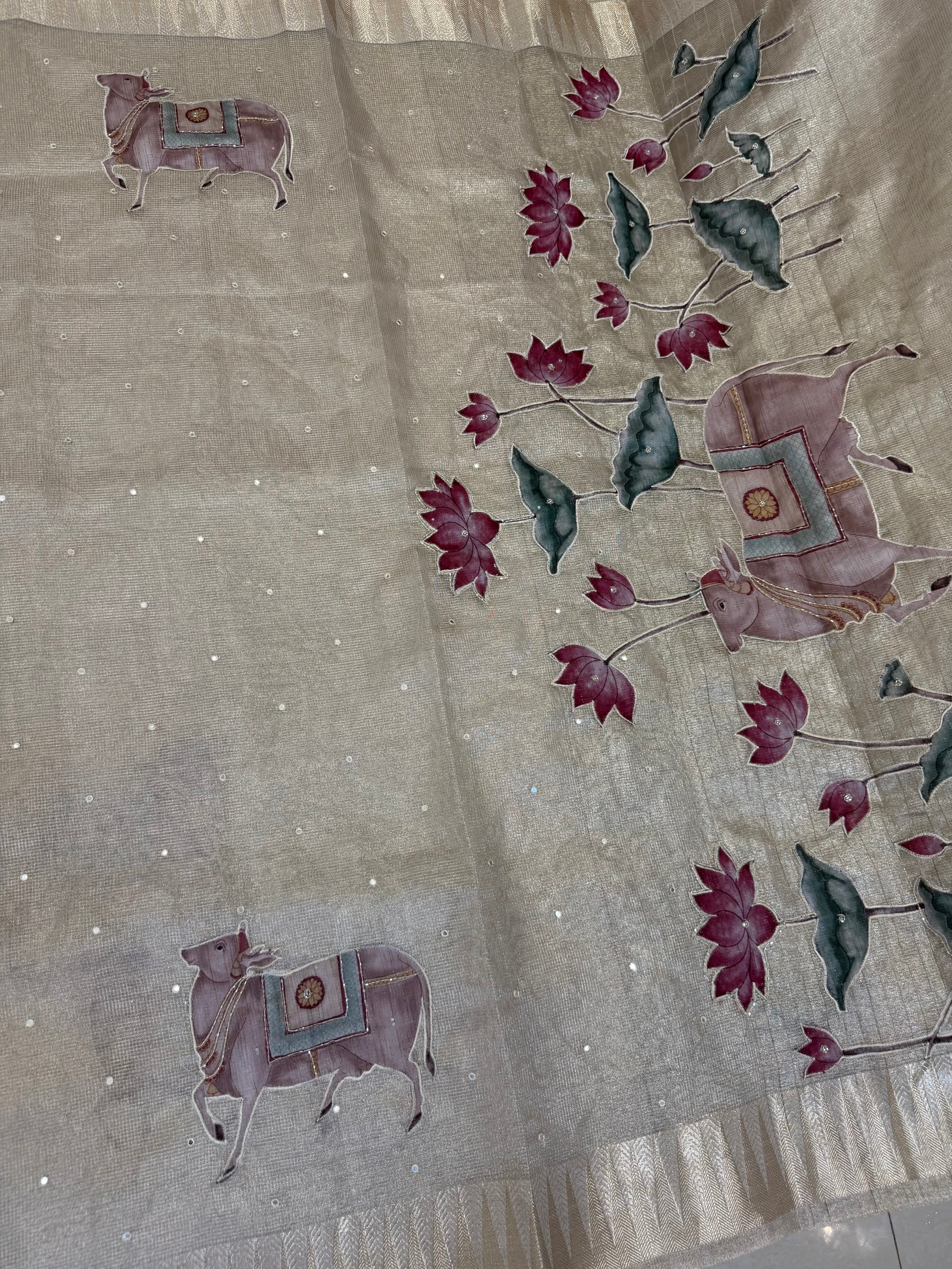 Rose gold Kota Tissue Pichwai Appliqué Saree