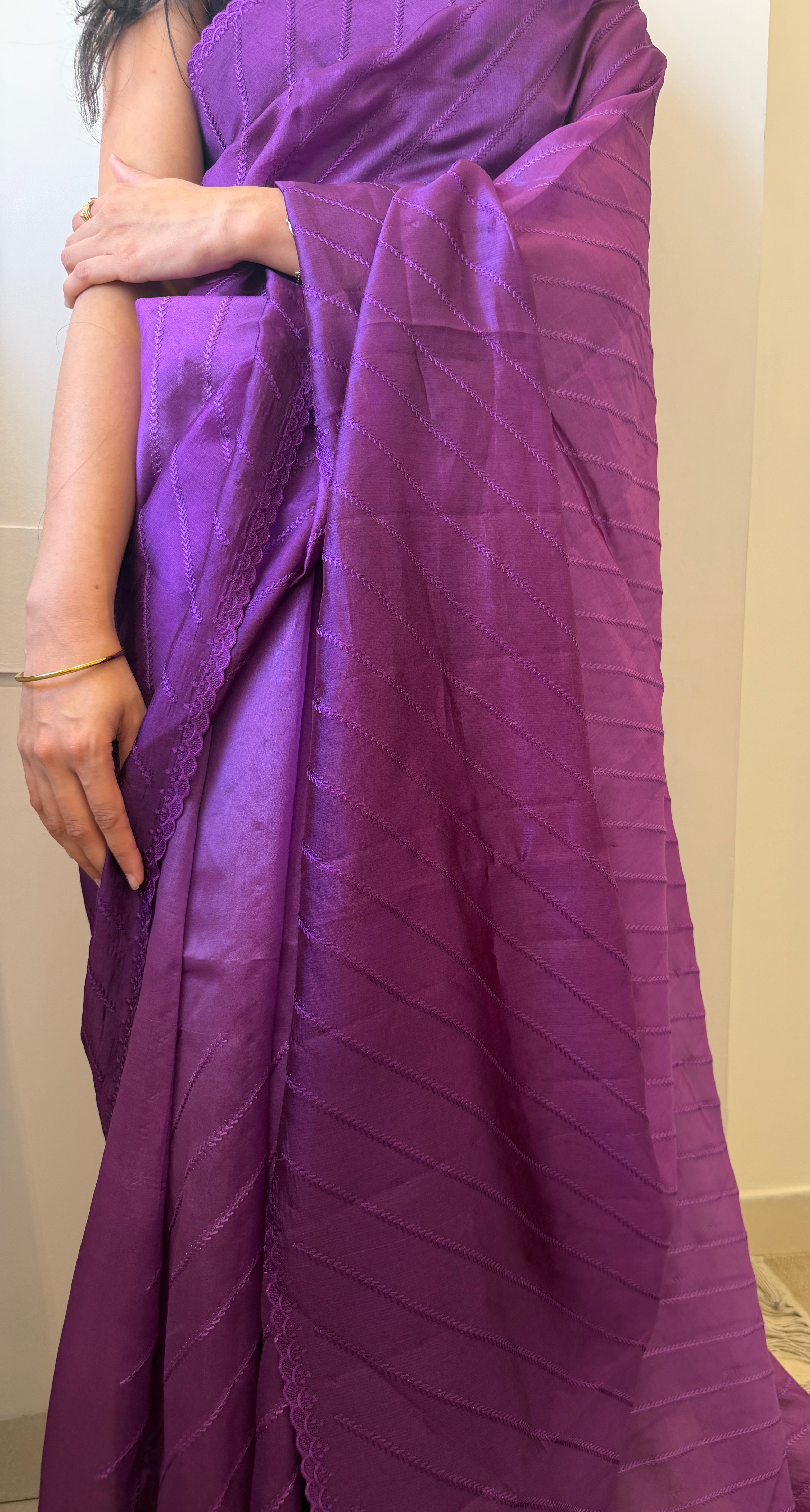 Ombré Raw Silk with Thread Embroidery - Deep Purple
