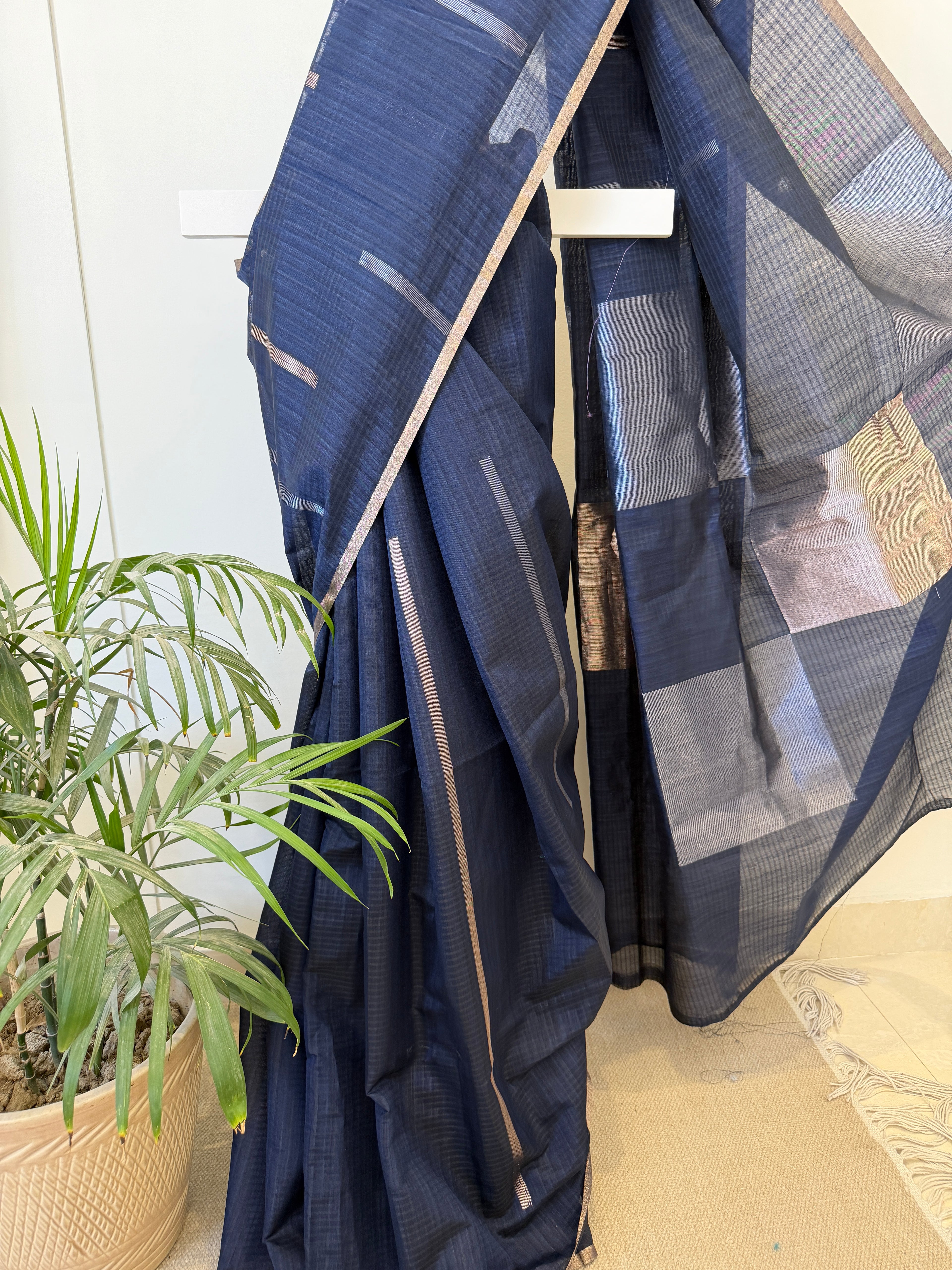 Handloom Tussar Silk Saree with Metallic Stripe Accents & Statement Pallu – Midnight Blue