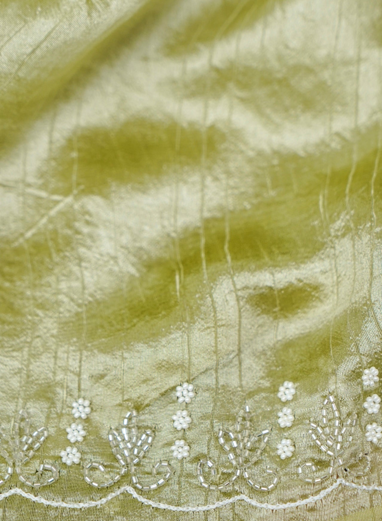 Raw Silk Saree with Handcrafted Zardozi Embroidered Border & Buti Detailing – Pista Green