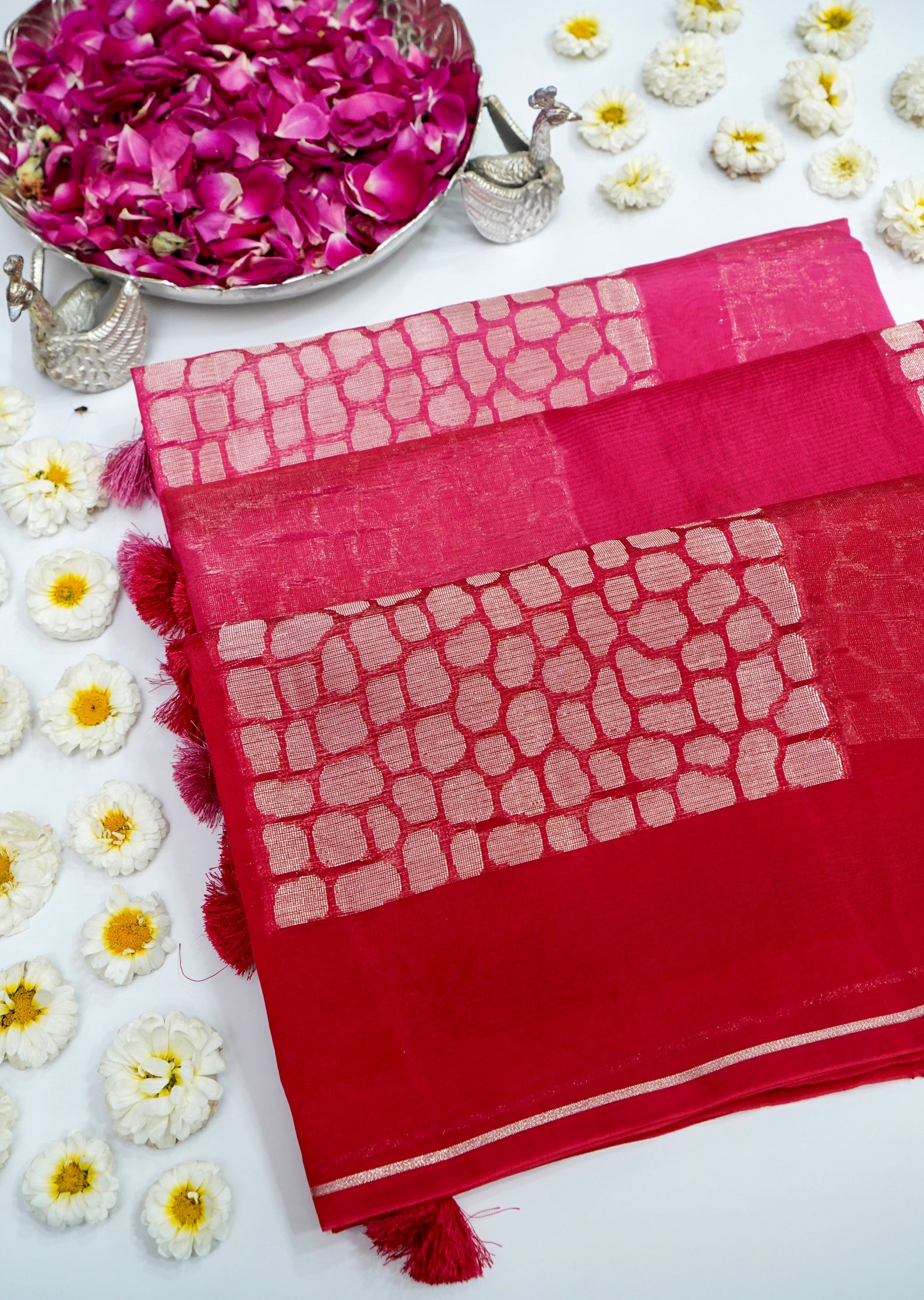 Ombré Paper Silk Saree with Geometric Square Motifs – Pink Radiance