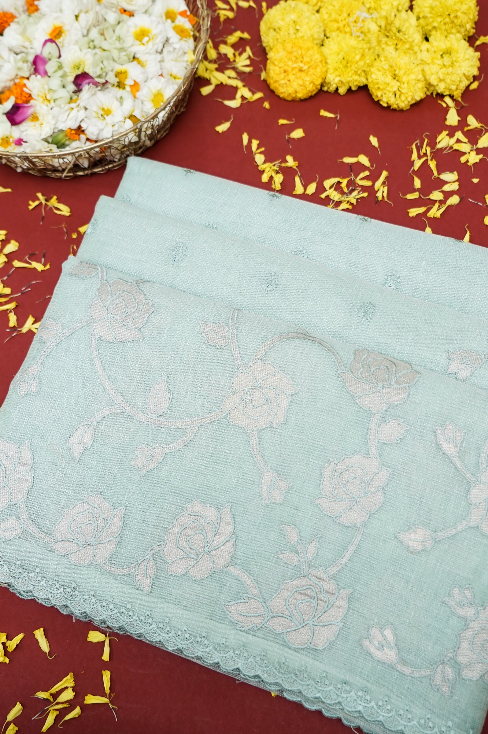 Linen tissue saree with applique work and scallop border - Blue
