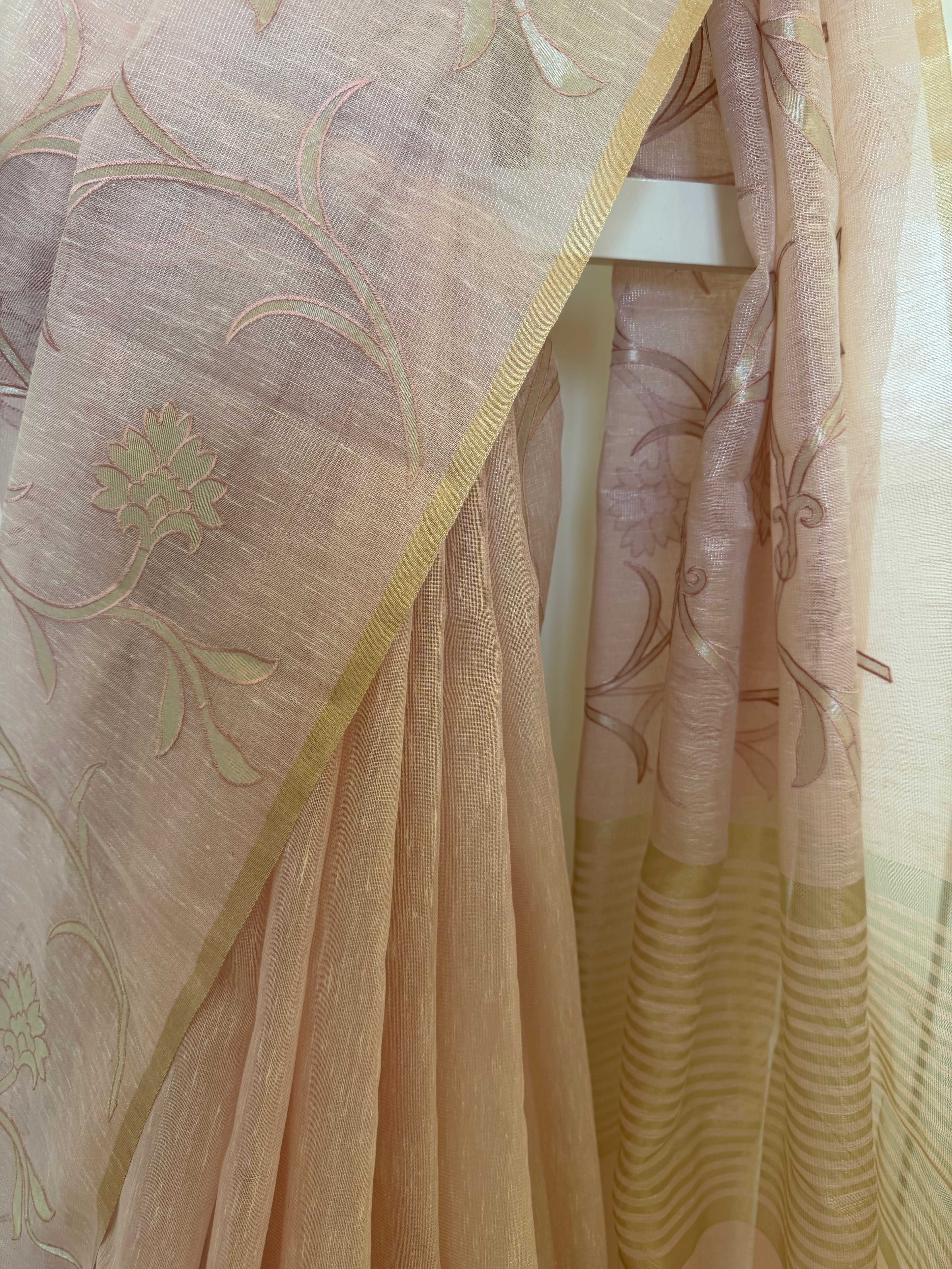 Pink Appliqué Linen Tissue Saree