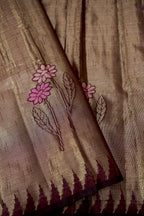 Tissue Silk Saree with Floral Weaving & Temple Border – Antique Gold & Wine