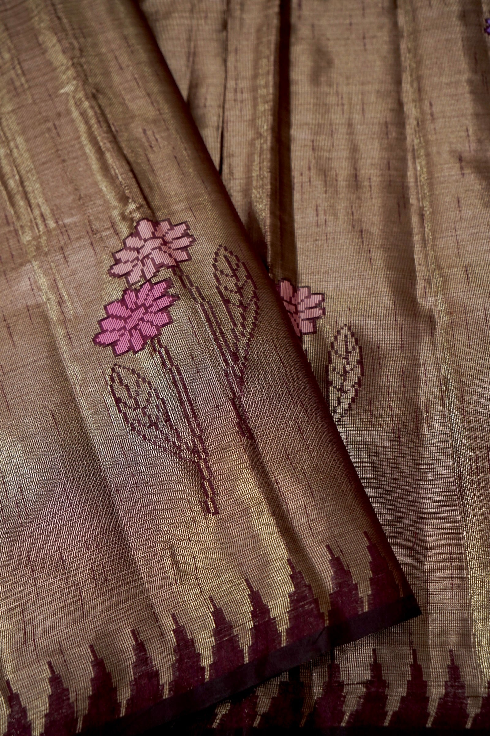 Tissue Silk Saree with Floral Weaving & Temple Border – Antique Gold & Wine