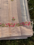 Linen Saree with Floral Embroidery – Peach