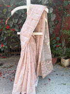 Linen Saree with Appliqué Pallu & Embroidered Body – Peach