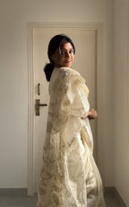 Raw Silk Saree with Applique Work & Scalloped Border -Off White