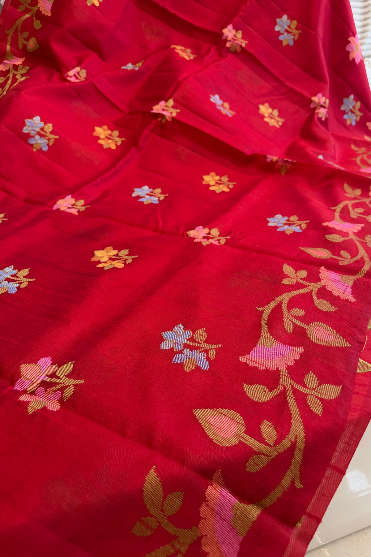 Crimson Red Raw Silk Banarasi Jamdani Saree